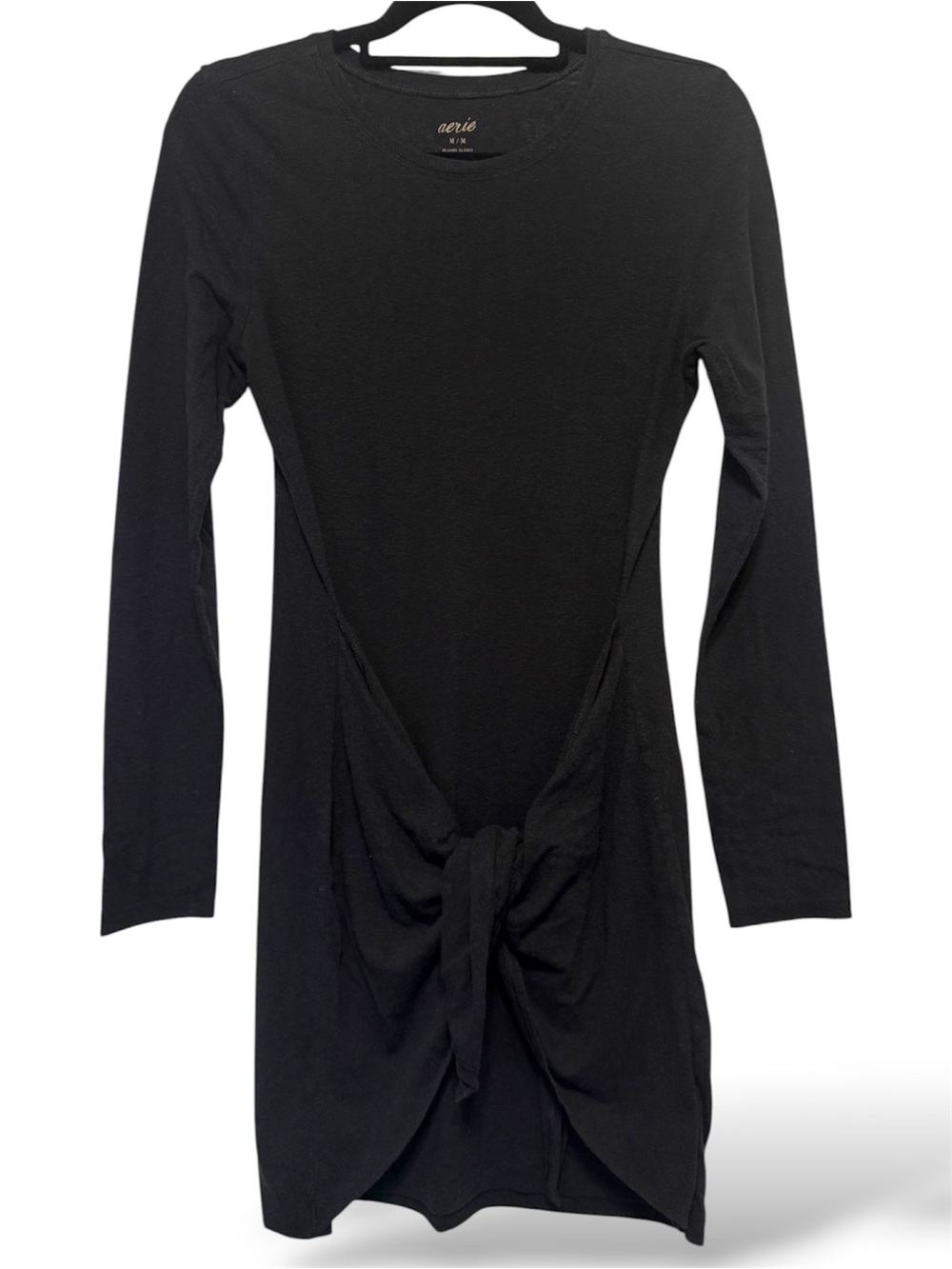 Aerie Black Long Sleeve Tie Front Mini Dress Women’s Medium Soft Knit - Picture 2 of 9